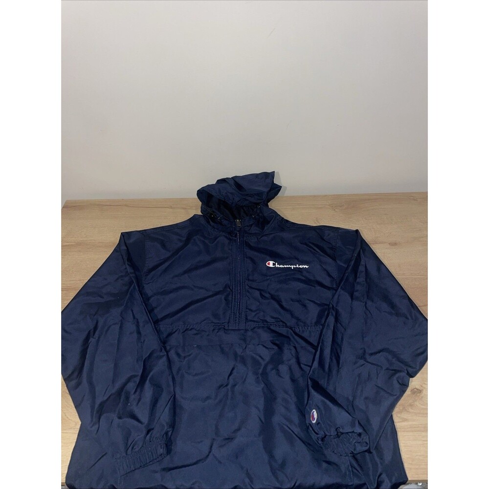 Champion Anorak Jacket Mens S Navy Blue Windbreaker Half Zip Hooded Packable C
